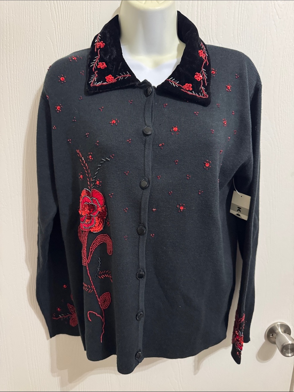 Vintage NWT KIKIT Knit Button Down Embellished Embroidered Cardigan Sweater Lrg